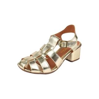 Sandália Salto Grosso Rosa Chic Calçados Feminino Salto Baixo Bloco Bonnie Fisherman Bico Quadrado Dourado
