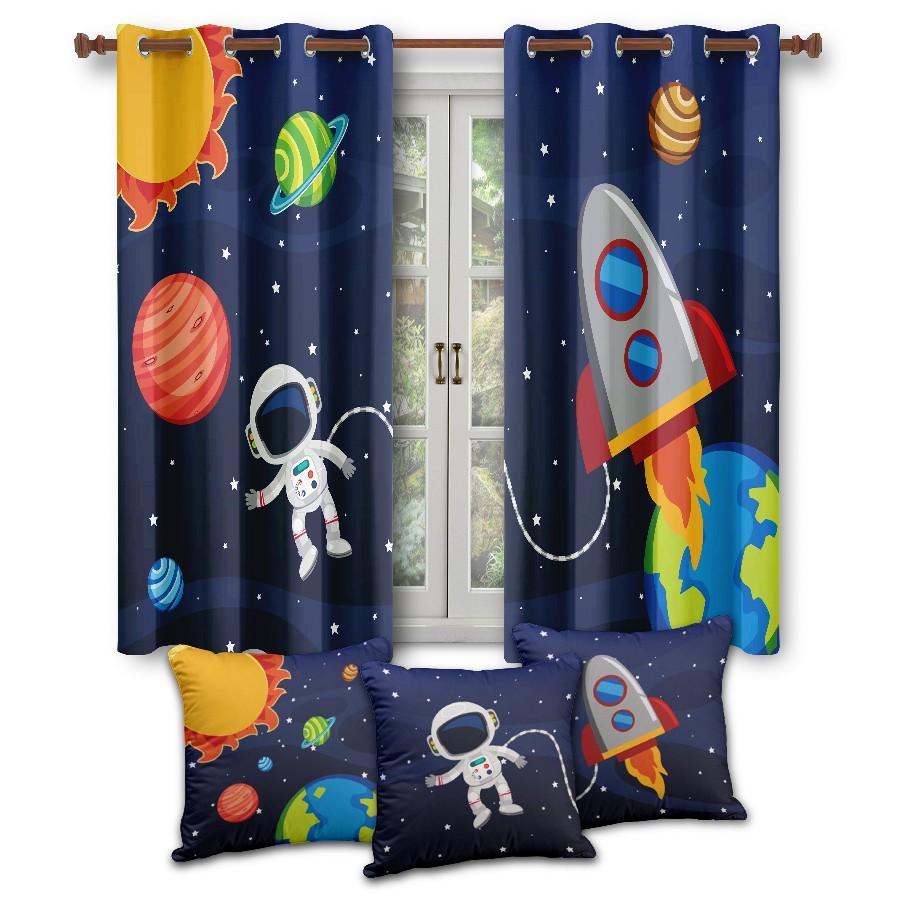 Cortina Astronauta Galáxia e ou Trio Capas de Almofadas Decoração Para Quarto Infantil Tamanho Diversos
