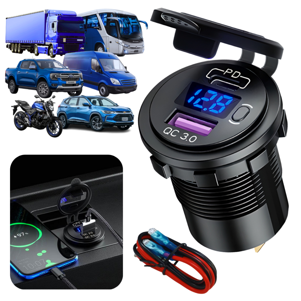 Tomada Carregador Carro Usb Tipo C Pd3.0 Voltimetro LE-6824