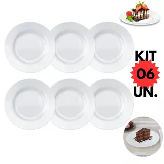 Jogo Kit 06 Prato Sobremesa Vidro Menu Duralex Redondo Branco Buffet Mesa Posta Restaurante Bar Porcelana Bolo Torta Conjunto