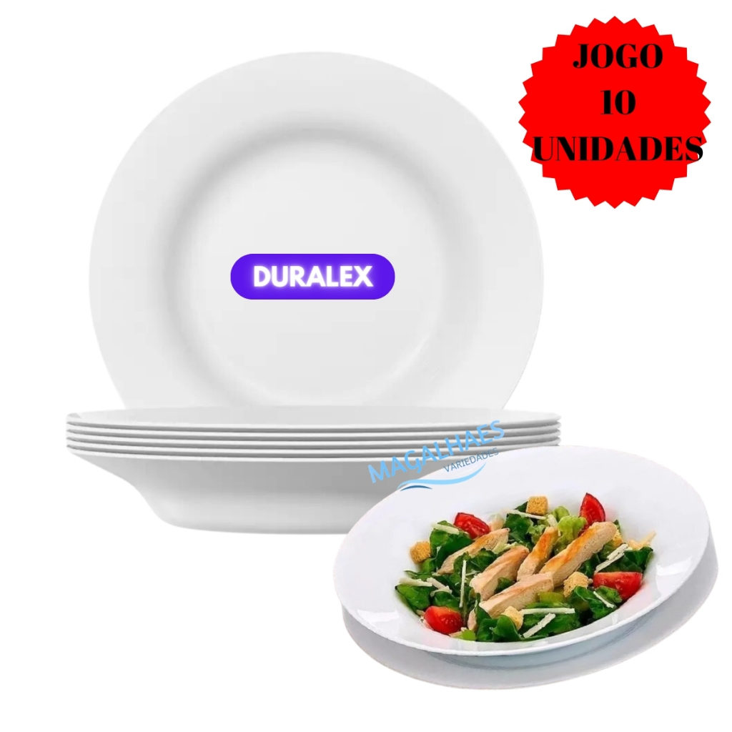 Jogo Kit 10 Pratos Fundo Branco Vidro Duralex Temperado Menu Almoço Jantar Hotel Refeitório Restaurante Buffet