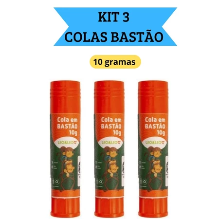 Kit 3 colas em bastão escolar 10g  escritório artesanato LeoeLeo