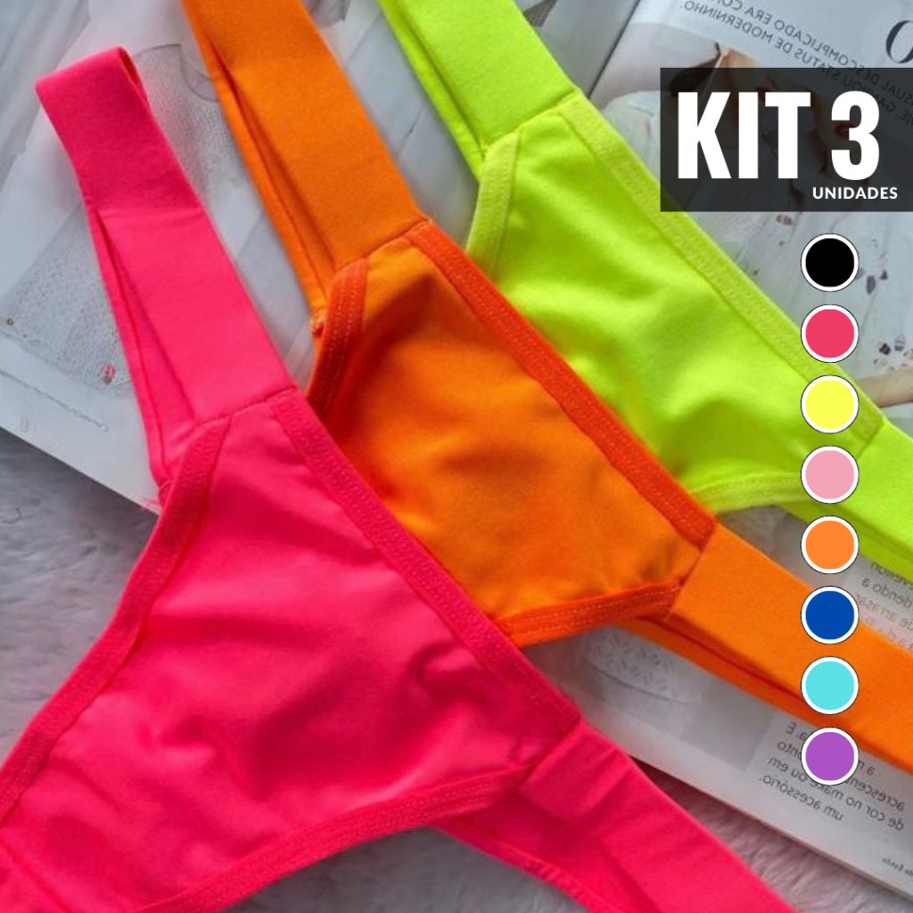 Kit 3 Calcinha Micro Neon Fio Dental Tanga Palas Ajusta No Corpo Sexy ...