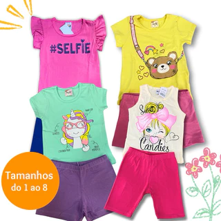Roupa Infantil Menina Kit Verão 4 Peças 2 Conjuntos Feminino 1 ao 8 Pronta Entrega - 2 camisas 2 shorts