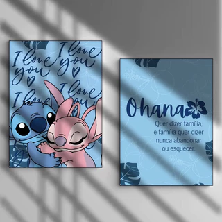 Kit 2 Quadros 20x28 ou 21x30 Decorativo Ohana Quer Dizer Família Tons De Azul Para Quarto, Sala, Cozinha MDF Stitch