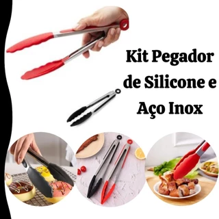 Kit Pegador Pinça de Silicone e Aço Inox de Cozinha para Saladas, Carnes e Churrascos Multiuso