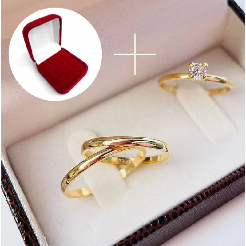 Par Aliança de Casamento Fina 2mm Ouro 18k +Anel Solitário | Aço Inoxidável Com Banho de Ouro 18k Fino Elegante Chique Luxo | Alianças finas lisas Moeda Antiga | Noivado Compromisso Casamento Dourada lismm