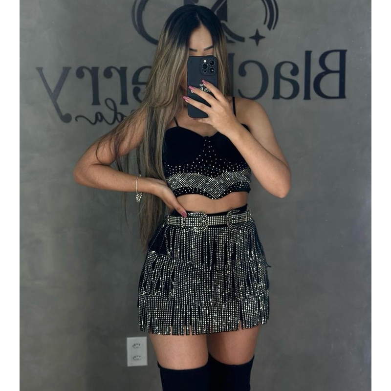 Conjunto Feminino Cropped E Saia De Franjas Strass Luxo Pedraria