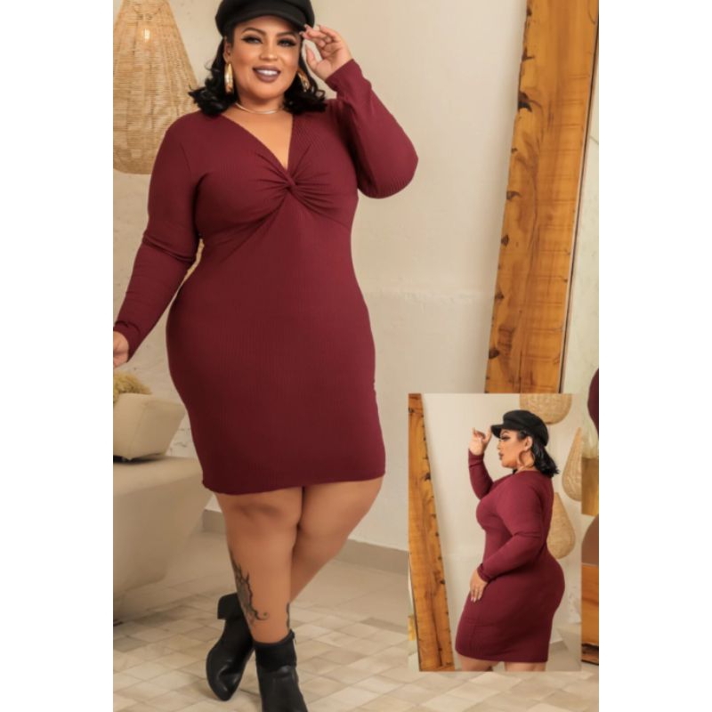 Vestido Feminino Plus Size Inverno Com Decote nó e manga longa | Shopee ...
