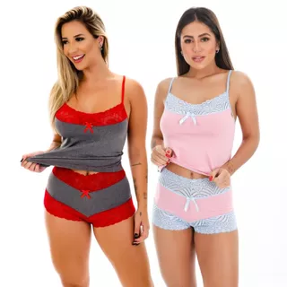 Kit 2 Baby Doll de Renda Short Romantic Lingerie Bicolor Camisete Feminino Pijama Moda