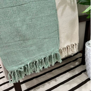 Kit Com 2 Mantas Grande Para Sofa Cama Verde Agua Cru Decorativa Algodão Artesanal