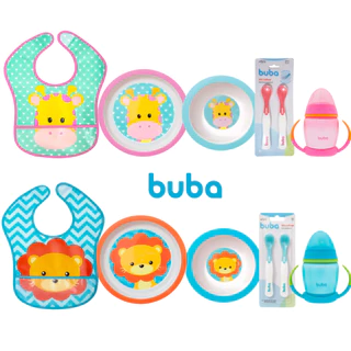 Kit Introdução Alimentar Buba com Prato Raso, Prato Fundo (bowl), Babador Impermeável animal fun, kit Colher Termossenssível e Copo de Treinamento com alça removível e bico de silicone