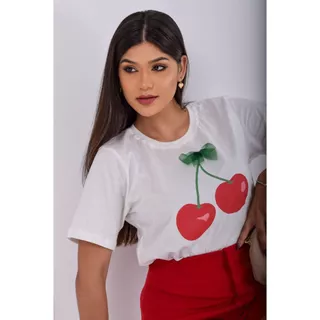 Tshirt feminina cherry 100% algodão blusa camiseta qualidade Premium, tendencia do momento