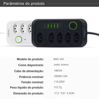 Régua Extensão de tomada 5 tomadas filtro de linha com 4 usb 1 USBC com cabo de 1.90 cm Bivolt