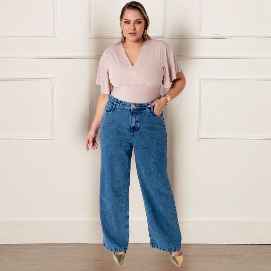 Wide Leg Plus Size Escura Lisa 2024 lançamento