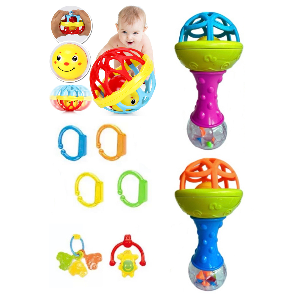 Kit Brinquedos Para Bebê Chocalhos Mordedor Sensorial 5 Peças Brinquedo ...