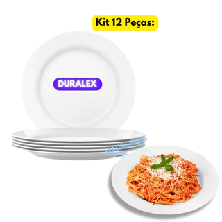 Jogo Kit 12 Pratos Raso Branco Vidro Duralex Temperado Menu Redondo Liso Almoço Jantar Hotel Refeitório Refeição Restaurante Plato