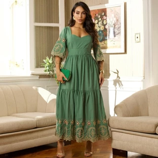 Vestido longuete lese bordado algodão manga 3/4
