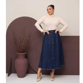 Saia Jeans Longa Lisa Azul Escuro Feminino Moda Crista Evangélica 100% Jeans