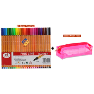 Kit Canetas Fineliner 24 Cores + Estojo Baú Neon PVC Transparente
