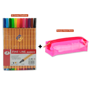 Kit Canetas Fineliner 12 Cores + Estojo Baú Neon PVC Transparente