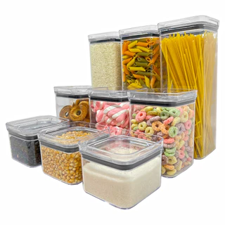 Kit 9 Potes Herméticos Acrílico Cristal Quadrado Empilháveis com Vedação Mantimentos
