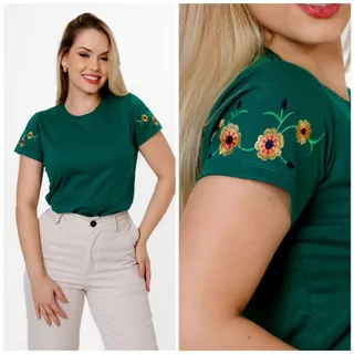 Blusa Feminina Tshirt Manga Bordada Algodão Blogueira Estilosa Camiseta Moda Evangélica