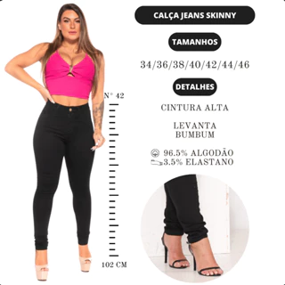 Calça Jeans Preta Skinny Feminina Cós Alto Levanta Bumbum Com Lycra (elastano)