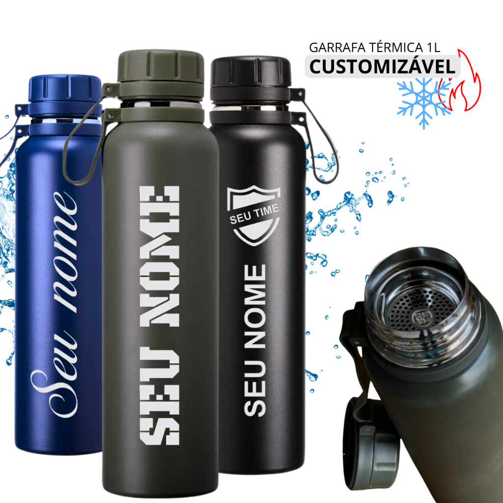 Garrafa Customizável 1000ml Térmica Aço Inox à Vácuo Antivazamento Esportes Fitness Academia Trilha