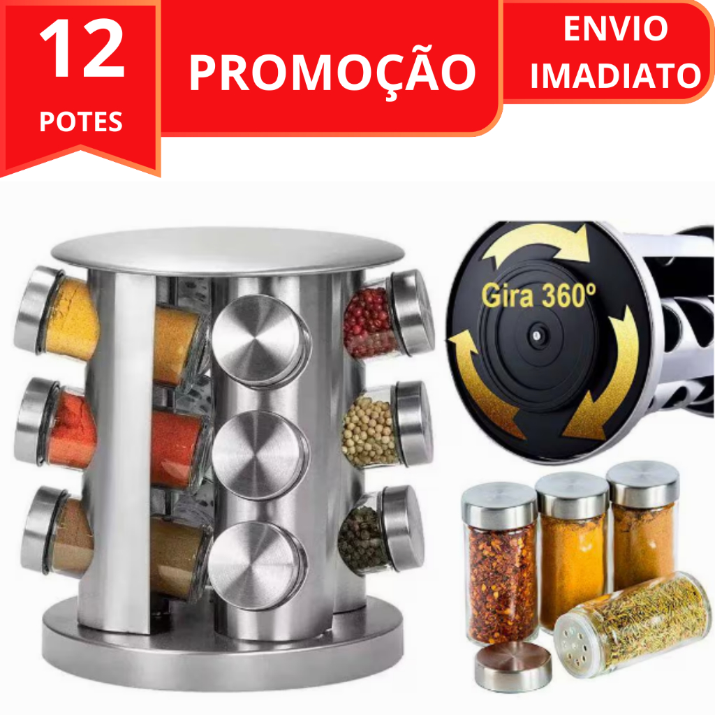 Porta Tempero Com Suporte Giratório Cromado Aço Inox 12 Potes