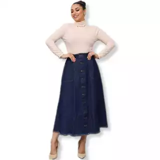 Saia Jeans Longa Lisa Cintura Alta Feminina Com botões Azul Escuro Moda Evangélica 100% Jeans