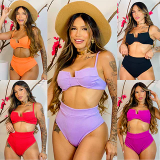 Biquini Plus Size Feminino Cintura Alta Hot Pants Aro Meia Taça Praia Piscina