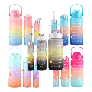 kit 3 Garrafas Motivacional de Água com Adesivos 3D Degradê 2Litros e 900ml e 300ml Canudo