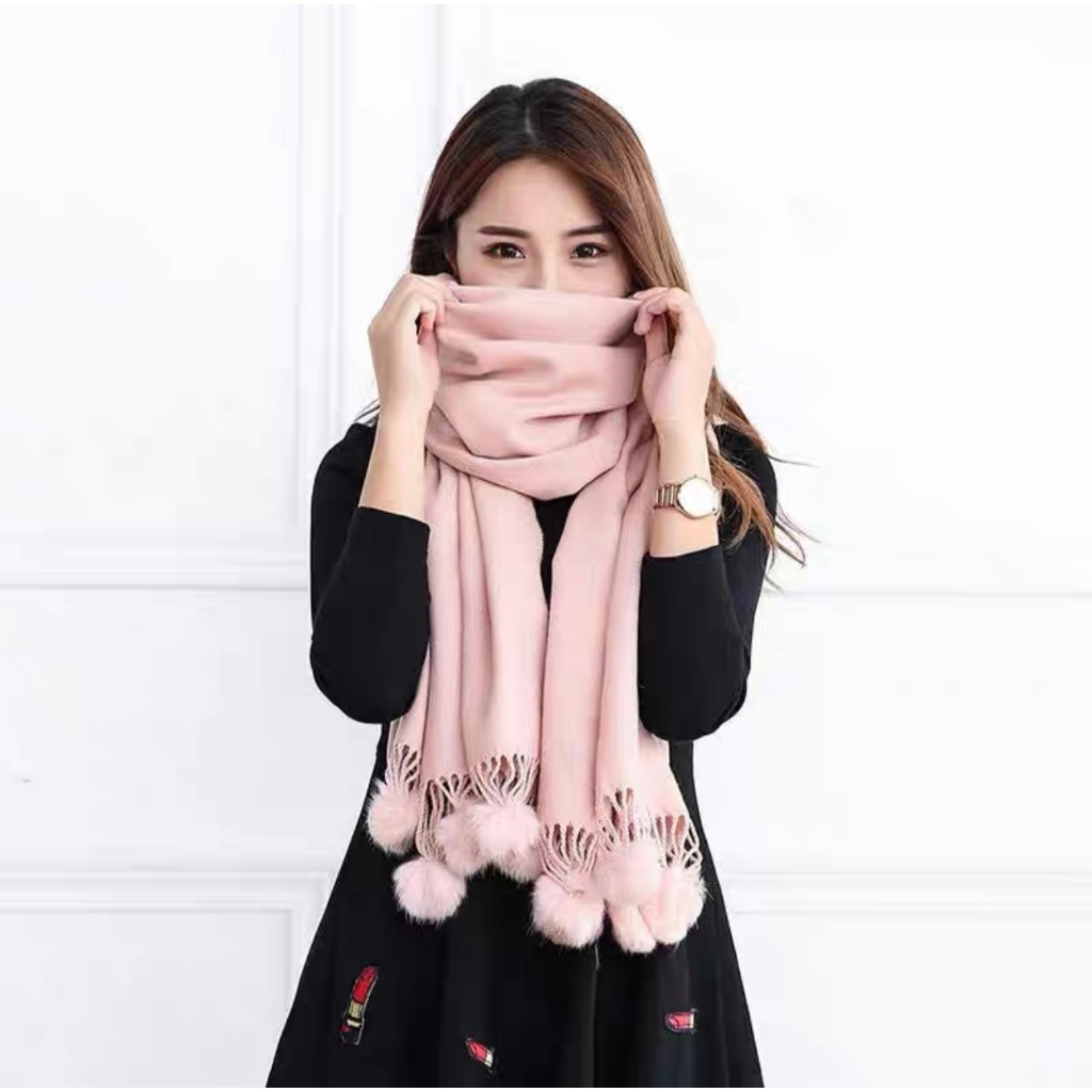 Cachecol grosso de inverno feminino, cor sólida com pompom | Shopee Brasil