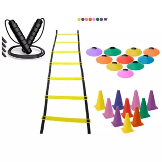 Kit Treinamento Agilidade Escada 7 Degraus 10 Cones 10 Chapéus Chinês 1 Corda De Pular Profissional