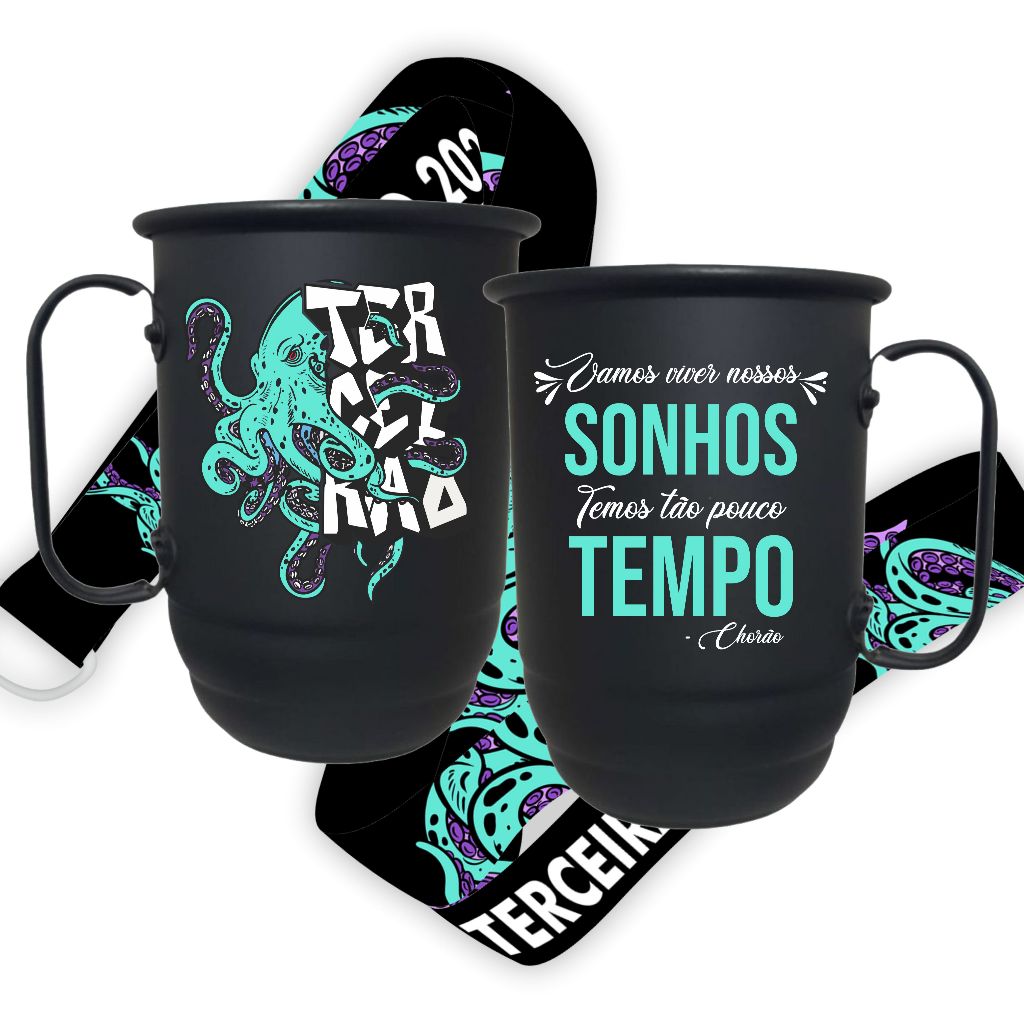 Caneca terceirão alumínio 500MLcom tirante 4cm Polvo Frase Charlie Brown Jr