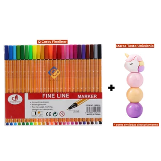 Kit Canetas Coloridas Ponta Fina 12/24 Cores + Marca Texto Unicórnio 3 Cores