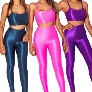 Kit 3 Conjuntos Top + Legging Canelado Top Com Bojo Removível Costura Reforçada Poliamida Premium Brilho Crossfit