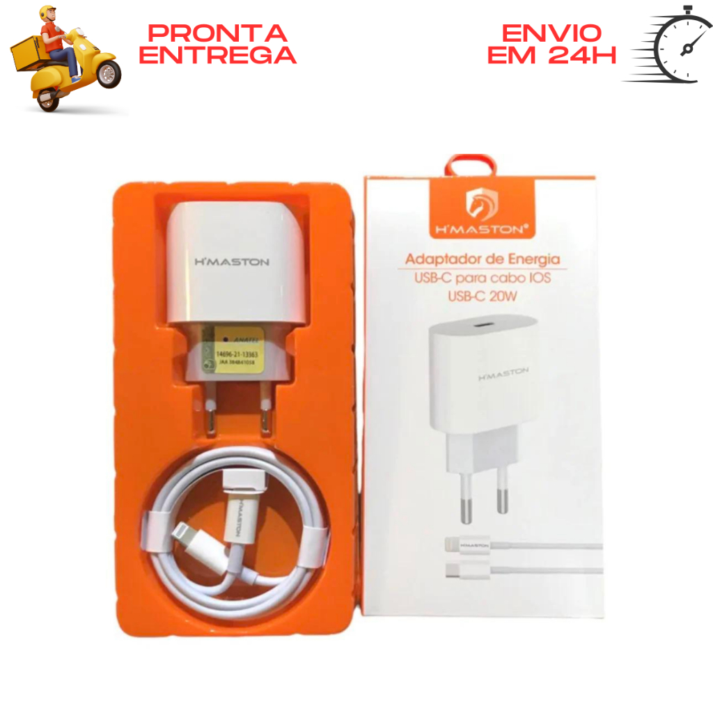 Carregador Tomada Fonte e Cabo Turbo 20W Tipo-C Lightning P/ iPhone XS 11 12 13 14 Pro Max 7 8 Plus