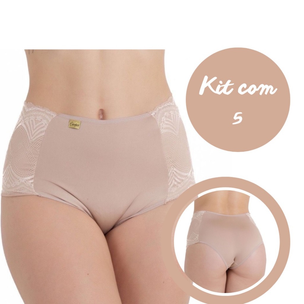 kit 5 Calçola cós alto com lateral em renda forro 100% algodão calcinha conforto
