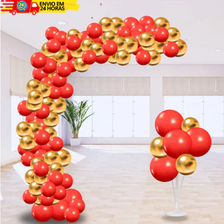 Kit 150 Balões Latex Vermelho + Dourado Metalizado Cromado Para Festas e Aniversário