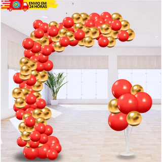 Kit 75 Balões Latex Vermelho + Dourado Cromado Metalizado Para Festas e Aniversário
