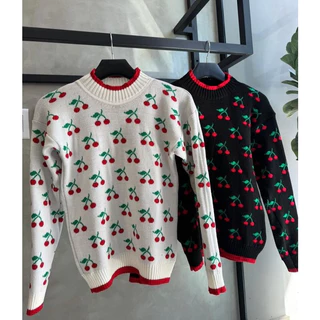 Blusa Cereja Cerejinha Cherry Feminina Suéter Agasalho Manga Longa Tricot Tricô | Decote Redondo Delicada Tendência Inverno 2024 Lançamento