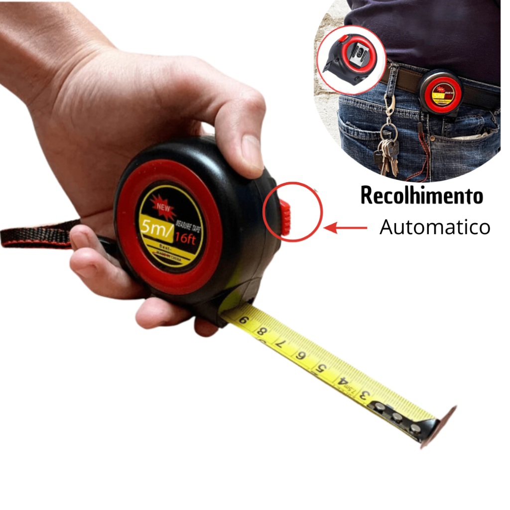Trena Fita Metrica 5M Com Travamento Automatico Botão de Recolher Resistente Ferramentas