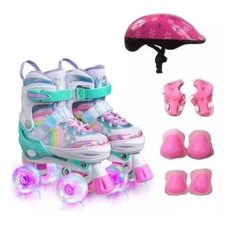 Patins quadrado lindo 4 rodas de led tamanho ajustável + kit de proteção