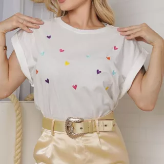 Blusa T-Shirt Feminina Camiseta Basica Algodão Manga Japonesa Coração Bordado