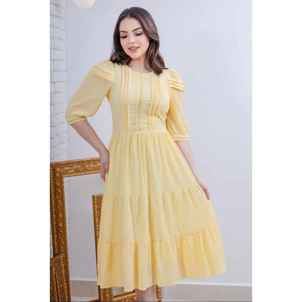 Vestido Evangélico Luxo Feminino Detalhes em Gripir Emma Zíper