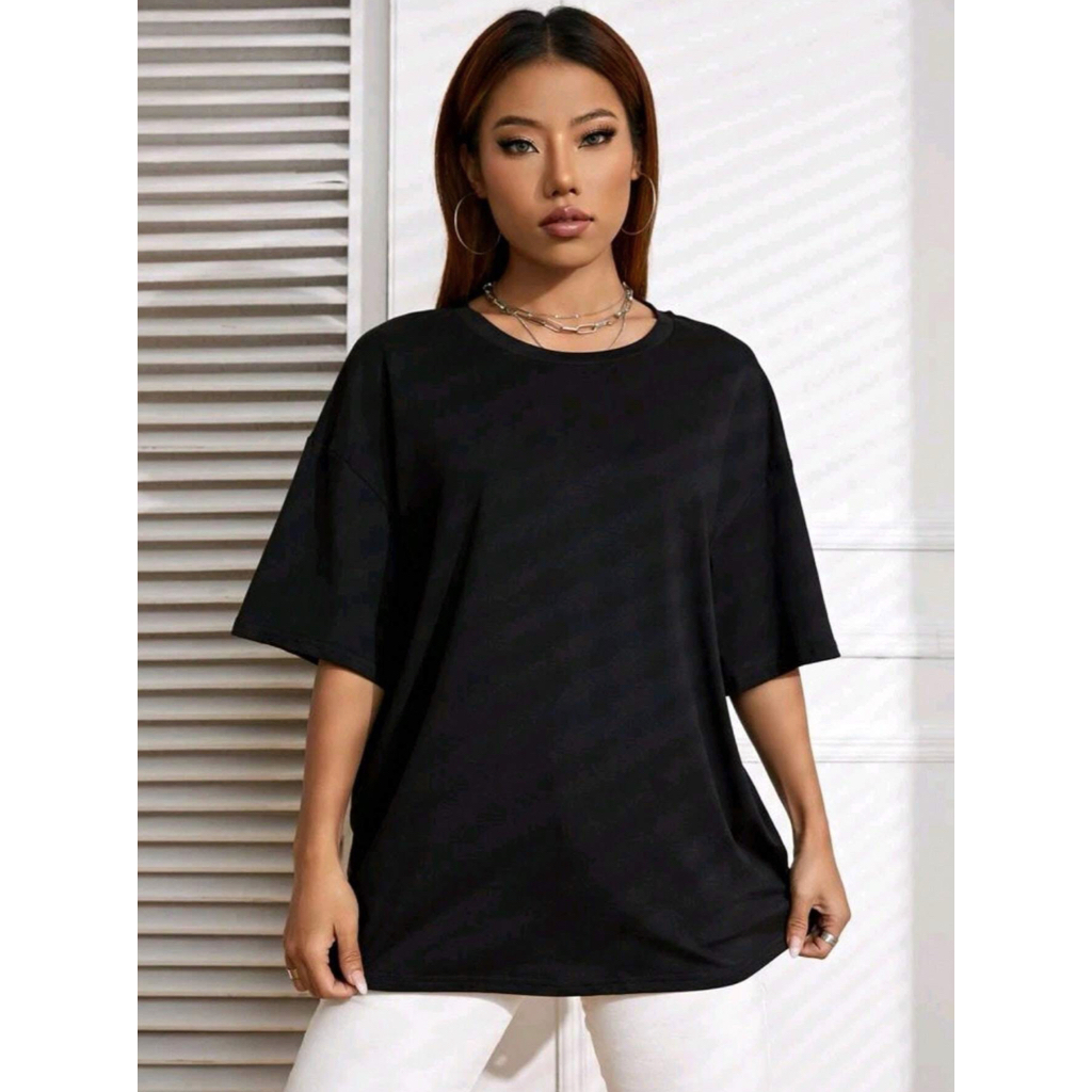 Oversized camiseta feminina ombro caído ocasional 100% algodão liso