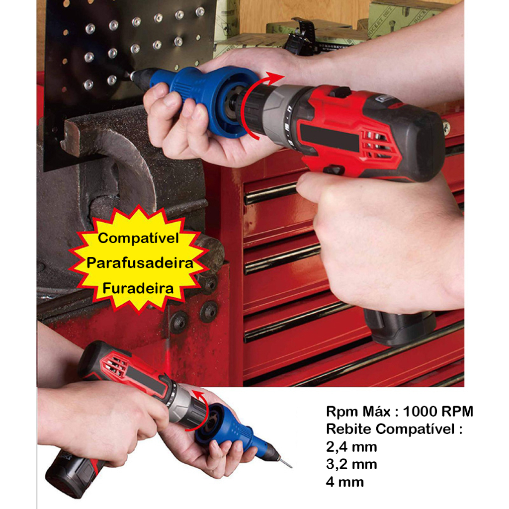 Cabeçote Adaptador de Rebitagem para Furadeira | Compatível com Vários Modelos | Fácil Instalação | Inclui Chaves e Bicos Extras | Alta Durabilidade em Aço Carbono e ABS