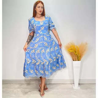Vestido midi luxo lese 3D bordado algodão manga curto 4146